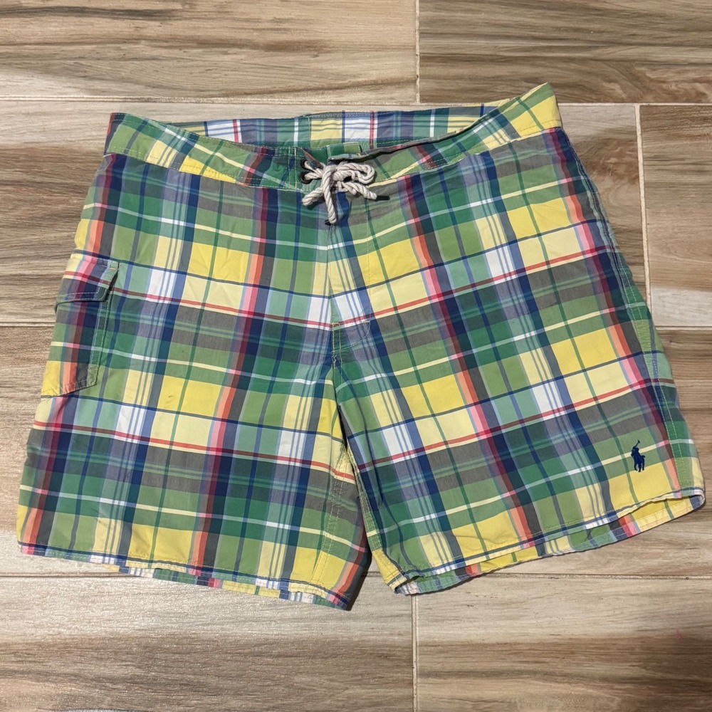 Vintage Polo Ralph Lauren Swim Trunks Men 36 Madras Plaid Board Shorts 90s Y2K
